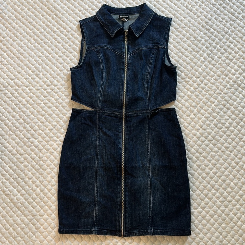 Bebe front zip side cut out denim dress - Picture 3 of 10